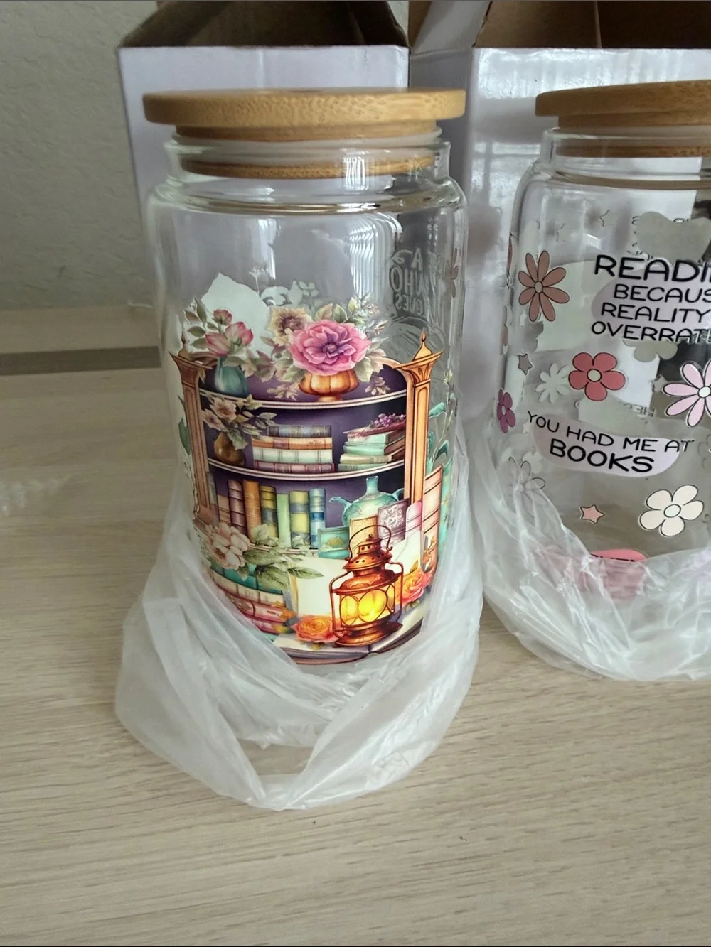 Glass Reading-Themed Storage Jar with Bamboo Lid - Pink Accents set of 2